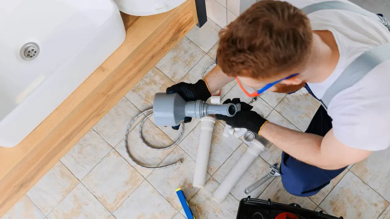 Instalator pracuje nad odpowietrzeniem kanalizacji, montując elementy syfonu pod umywalką.