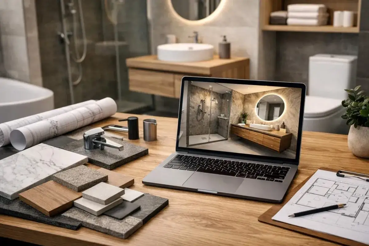 Nowoczesny program do projektowania łazienki na laptopie, obok próbek materiałów i planów.