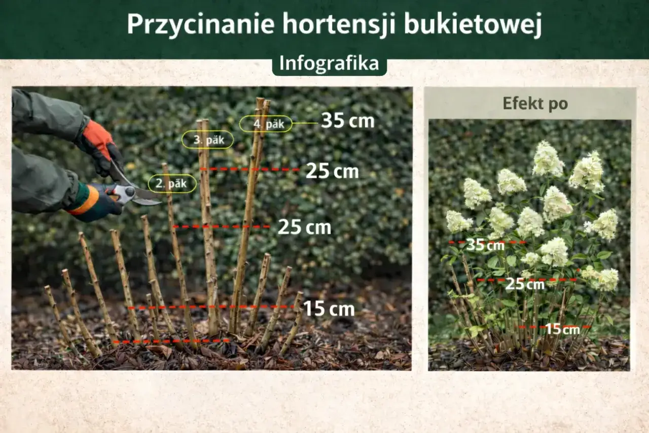 Instrukcja cięcia hortensji bukietowej: przycinanie pędów na wysokości 15-35 cm, nad pąkami. Po zabiegu hortensja bukietowa pięknie zakwitnie.