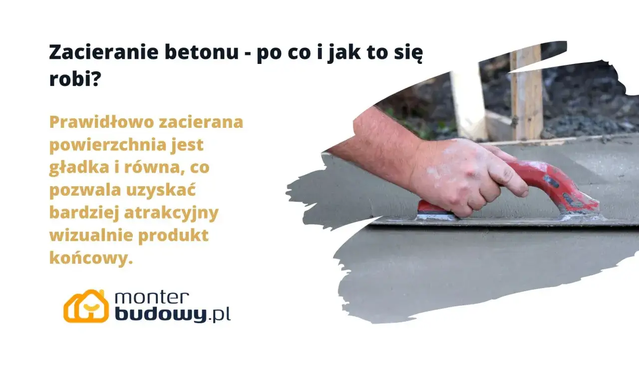 Ręka zacierająca beton narzędziem, by uzyskać gładką i równą powierzchnię. Zacieranie betonu to klucz do estetycznego wykończenia.
