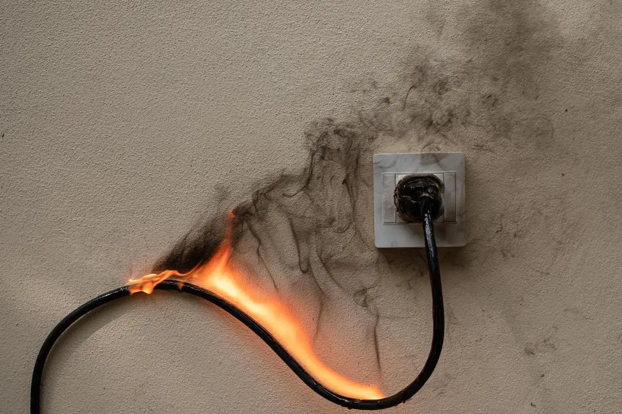 Płonący kabel i dym wydobywający się z gniazdka elektrycznego. Zerowanie gniazdka doprowadziło do pożaru.