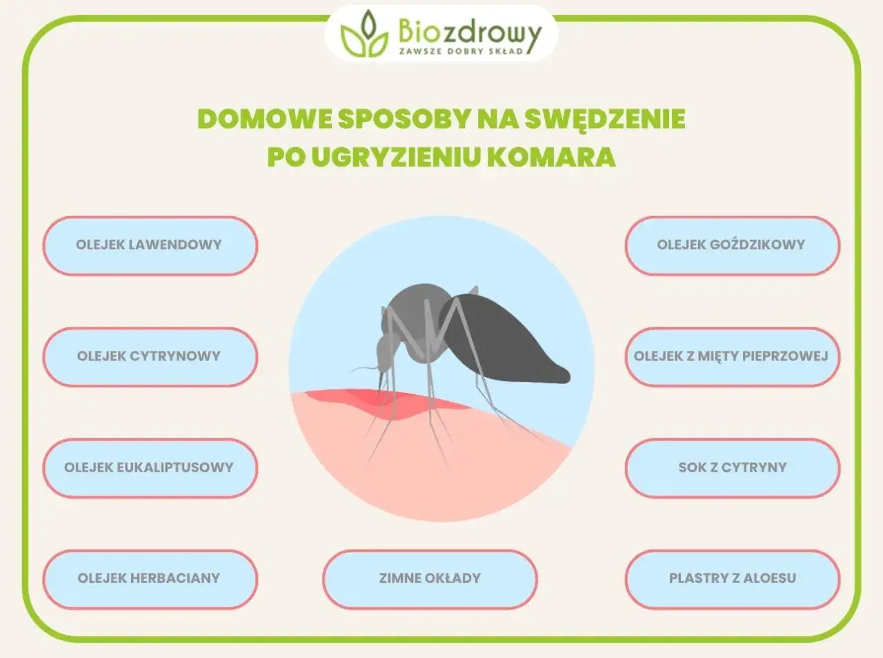 Domowe sposoby na komary: olejek lawendowy, goździkowy, cytrynowy, z mięty pieprzowej, eukaliptusowy, herbaciany, sok z cytryny, zimne okłady, plastry z aloesu.