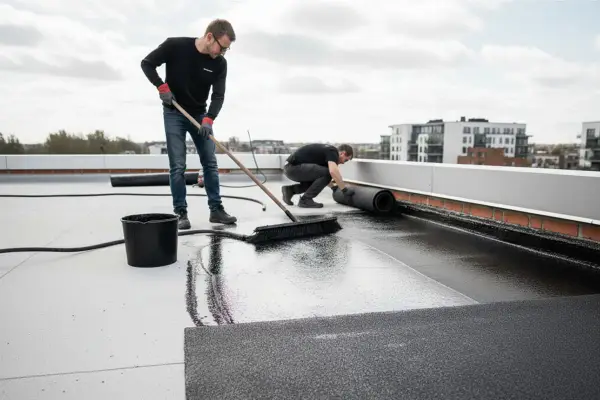 Dwóch mężczyzn układa abizol na dachu. Jeden rozwałkowuje materiał, drugi zamiata.